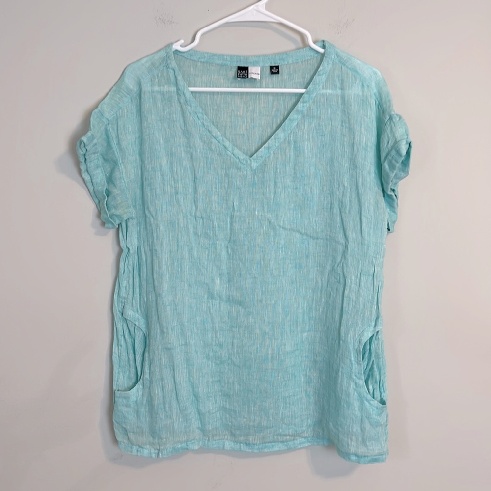 Saks fifth Avenue threads 100% linen blue Short sleeve top size small
